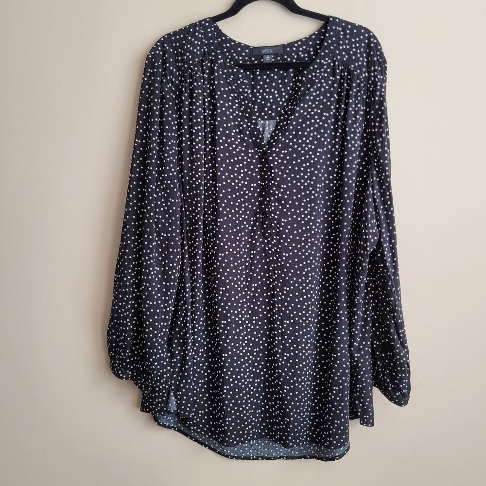 Ellos Womens Blouse Plus Size 24 Black White Polka Dots Long Sleeves Classic